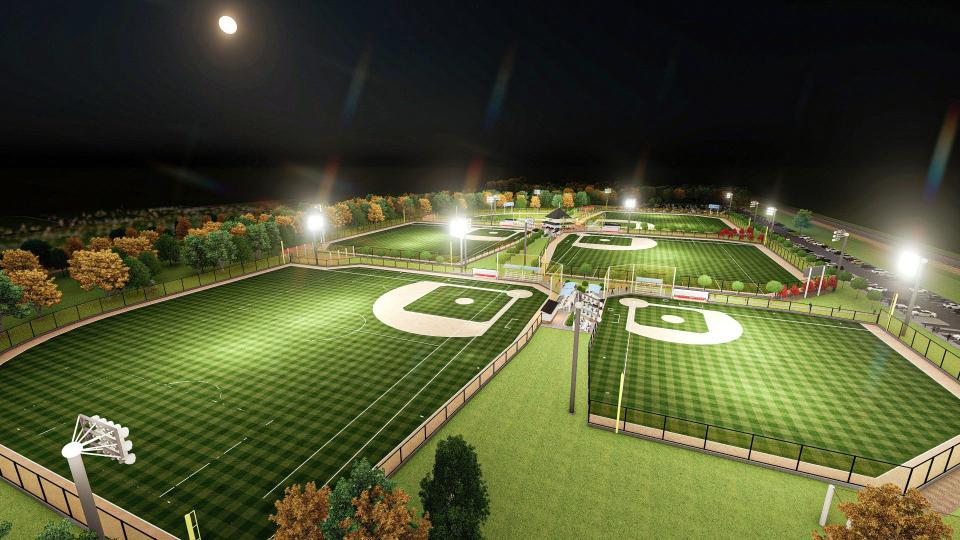 Rendering of Jennings Sports Park in Delaware County, Ohio, showcasing the planned multi-sport fields and central pavilion, designed to become a community hub for sports and recreation.