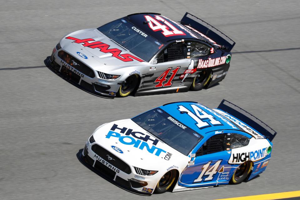 Mitchell's Chase Briscoe (14) battles SHR teammate Cole Custer in a side-by-side duel at the 2021 Daytona 500. Briscoe will be back in the blue-and-white of the Highpoint.com car Sunday in Atlanta Motor Speedway.