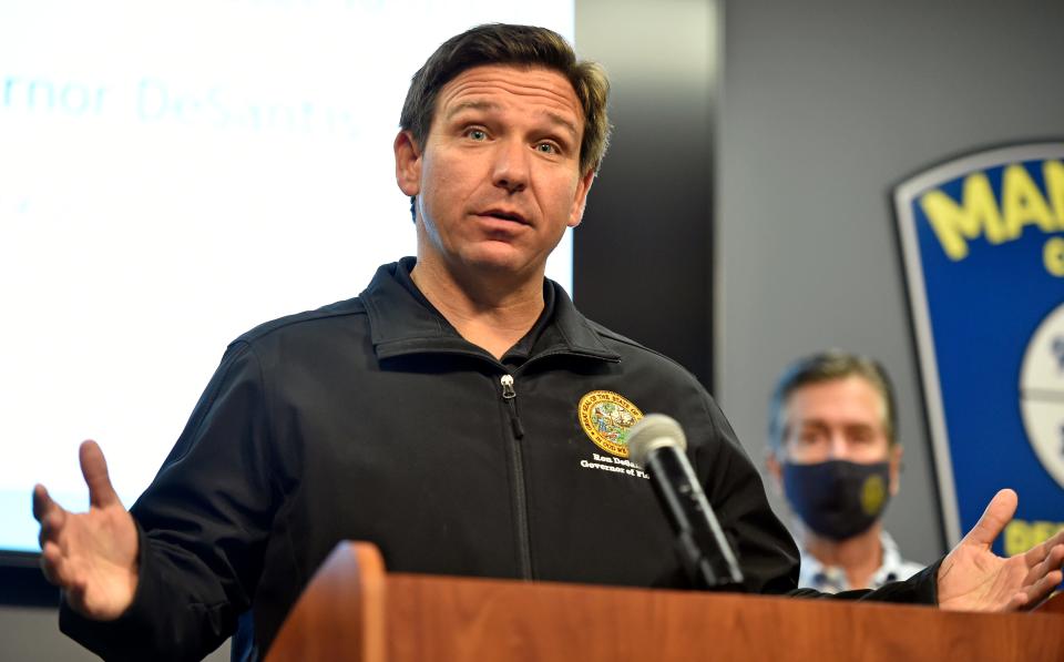 Florida Gov. Ron DeSantis gave updates on the Piney Point situation during a Sunday morning press conference held at Manatee County's Public Safety Department in Bradenton, Florida, on April 4, 2021.