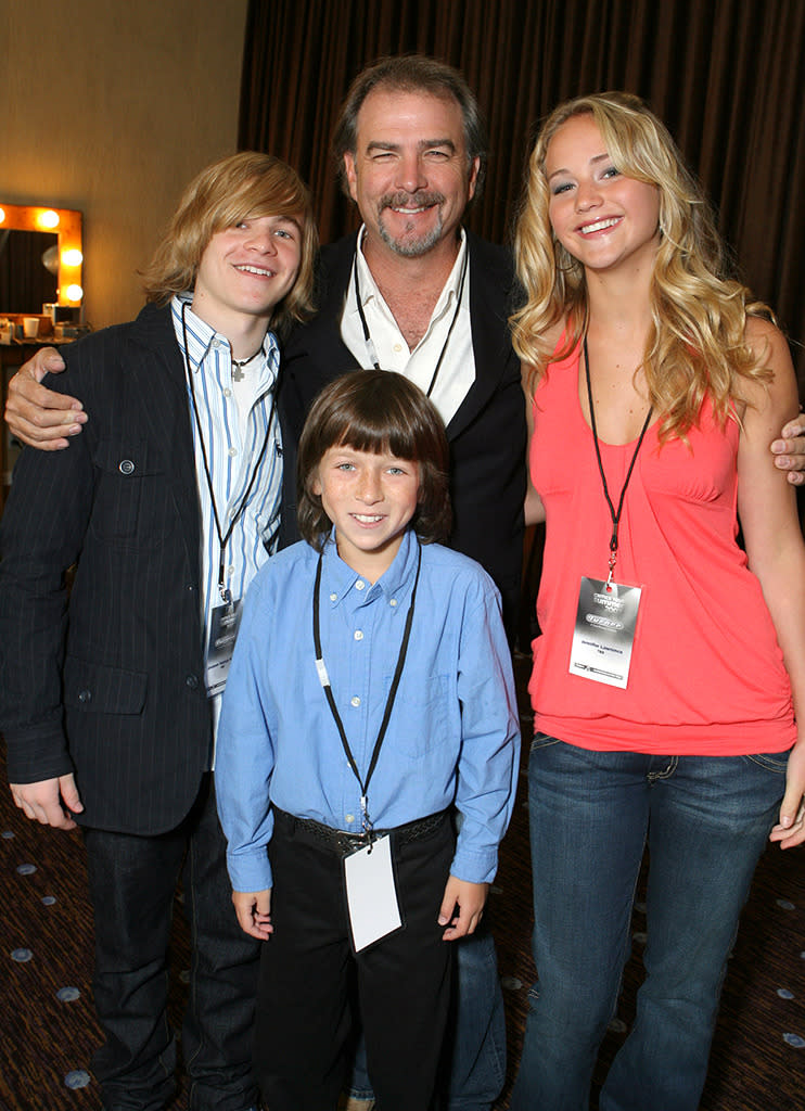 <p>Lawrence’s first first major role came as a main cast member on the short-lived cable comedy <i>The Bill Engvall Show</i>. She poses with co-stars Graham Patrick Martin, Skyler Gisondo, and Bill Engvall at the TBS Summer Press Tour on July 15, 2007. <i>(Photo: WireImage)</i></p>
