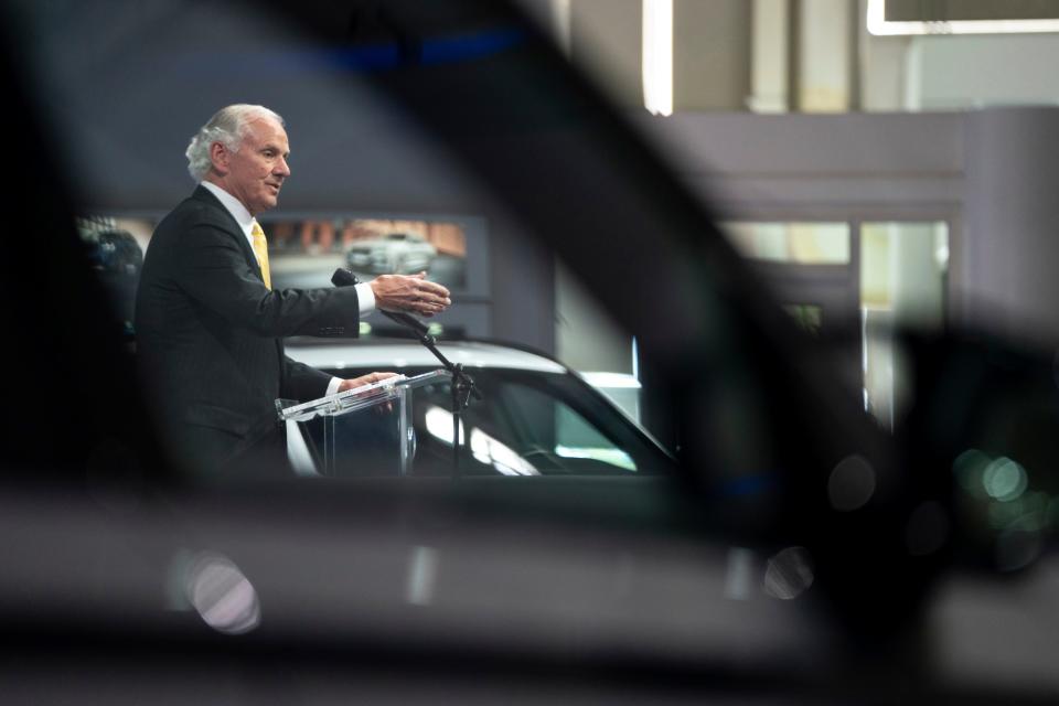FILE - South Carolina Gov. Henry McMaster speaks during a press conference at the BMW Spartanburg plant in Greer, S.C., Oct. 19, 2022. McMaster said Monday, March 6, 2023 he is going to ask lawmakers to approve nearly $1.3 billion to bring to the state a new electric vehicle plant by a Volkswagen Group-backed group trying to revive a brand that was a 1960s forerunner to today's SUVs. (AP Photo/Sean Rayford, file)