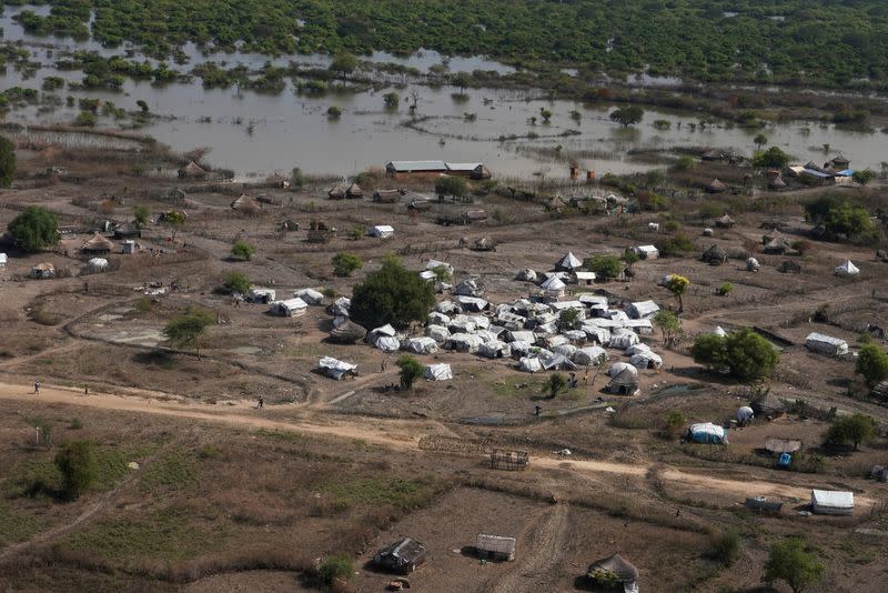 FILE PHOTO: An aerial view from a helicopter shows a temporary shelter for people displaced by flooding in the town of Pibor