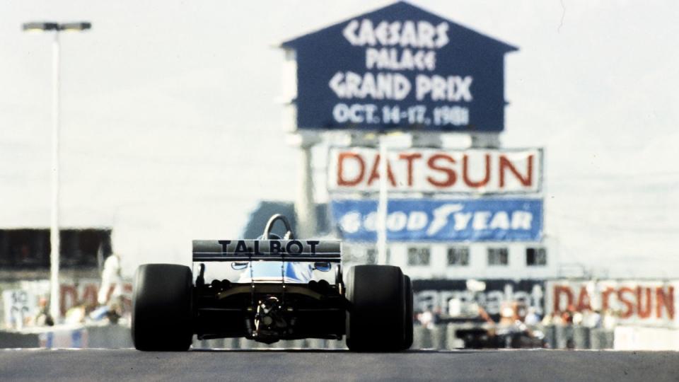 streets of las vegas, united states of america october 17 jacques laffite, ligier js17 matra during the caesars palace gp at streets of las vegas on october 17, 1981 in streets of las vegas, united states of america photo by lat images