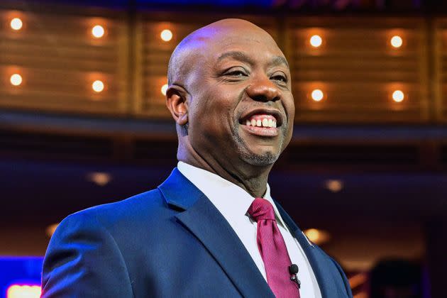 Sen. Tim Scott (R-S.C.) arrives for the third Republican presidential primary debate in Miami on Nov. 8.