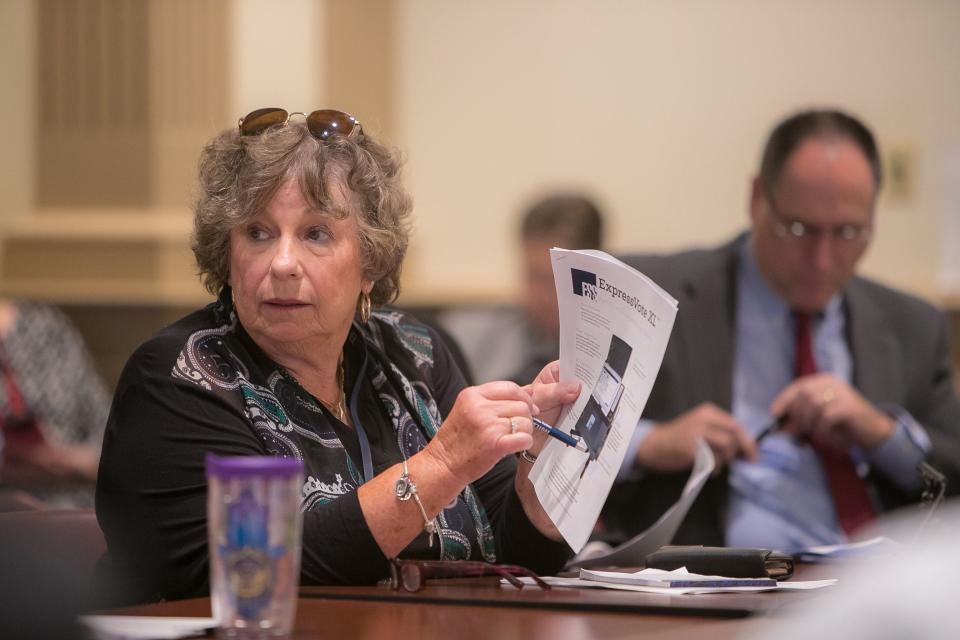 Elaine Manlove, a former Delaware Election Commissioner, answers questions during a meeting with the Bond Bill committee as they approve the purchase of new voting machines for the 2020 election. Manlove in 2018 issued two advisory opinions as part of the election commissioner's duties to respond to questions on campaign finance and election laws.