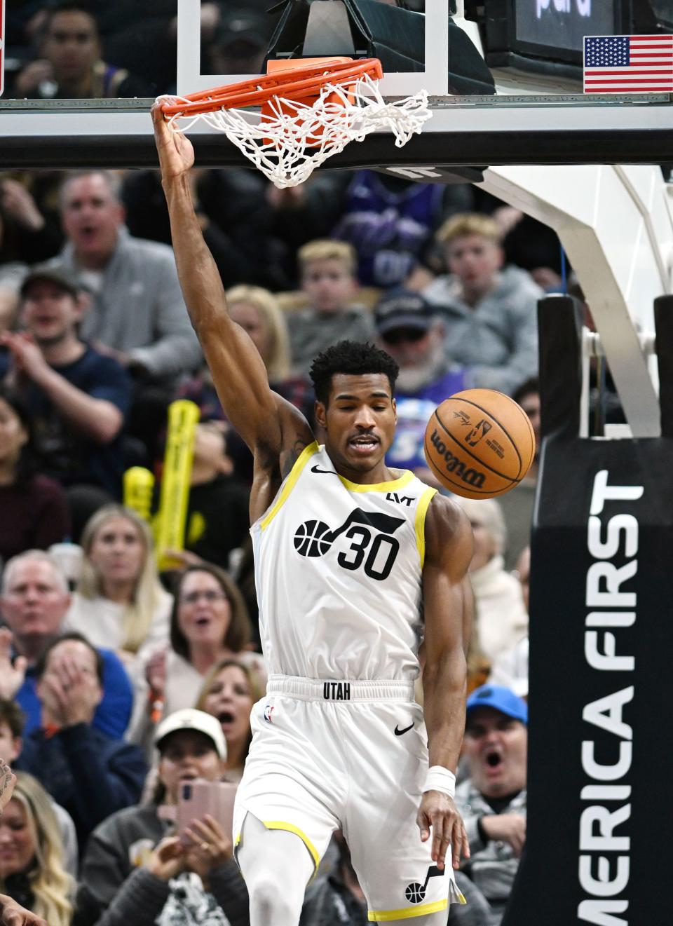 Utah Jazz guard Ochai Agbaji (30) slams down a dunk as the Utah Jazz and Los Angeles Lakers play at the Delta Center in Salt Lake City on Saturday, Jan. 13, 2024. Utah won 132-125. | Scott G Winterton, Deseret News