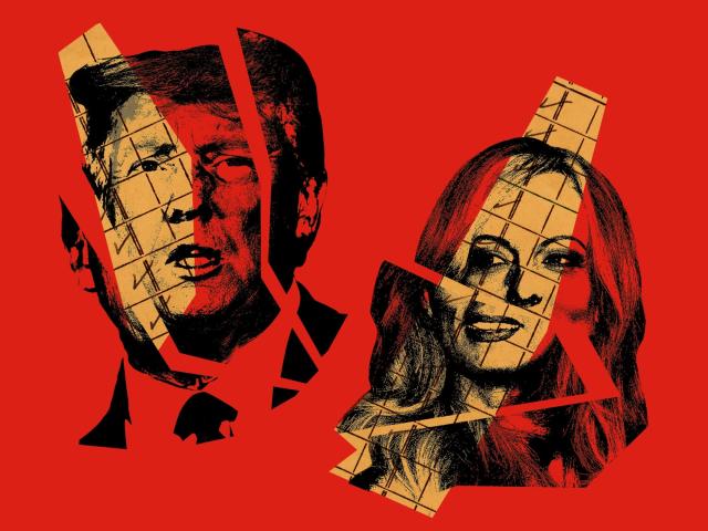 Donald Trump and Stormy Daniels are shown in black and white above a red background. Their faces are broken into pieces and collaged with yellow paper elements.