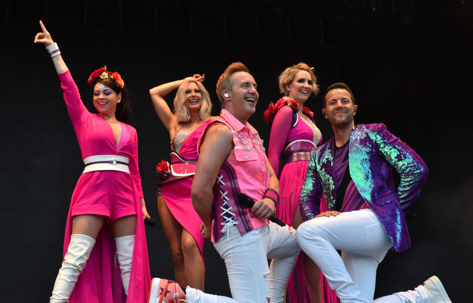 Lisa Scott-Lee, Faye Tozer, Ian "H" Watkins, Claire Richards and Lee Latchford-Evans of Steps headline on stage during Day 1 of Kew The Music at Kew Gardens on July 10, 2018 in London, England.  (Photo by C Brandon/Redferns)