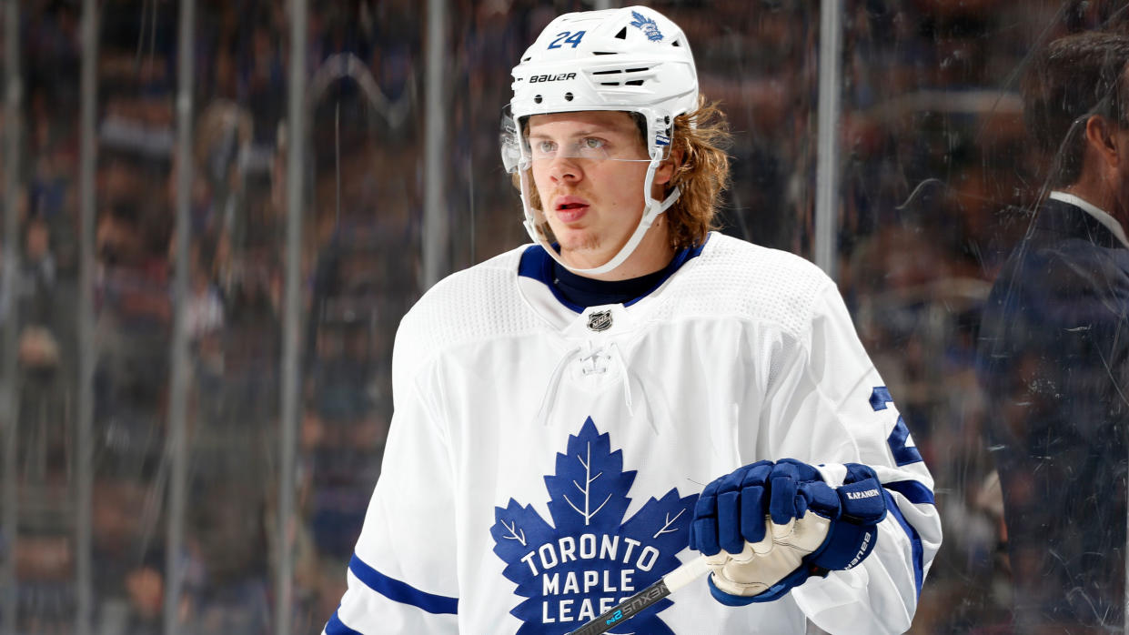 Toronto Maple Leafs forward Kasperi Kapanen suffered an arm injury and will not return to Monday's game against the Nashville Predators. (Jared Silber/NHLI via Getty Images)