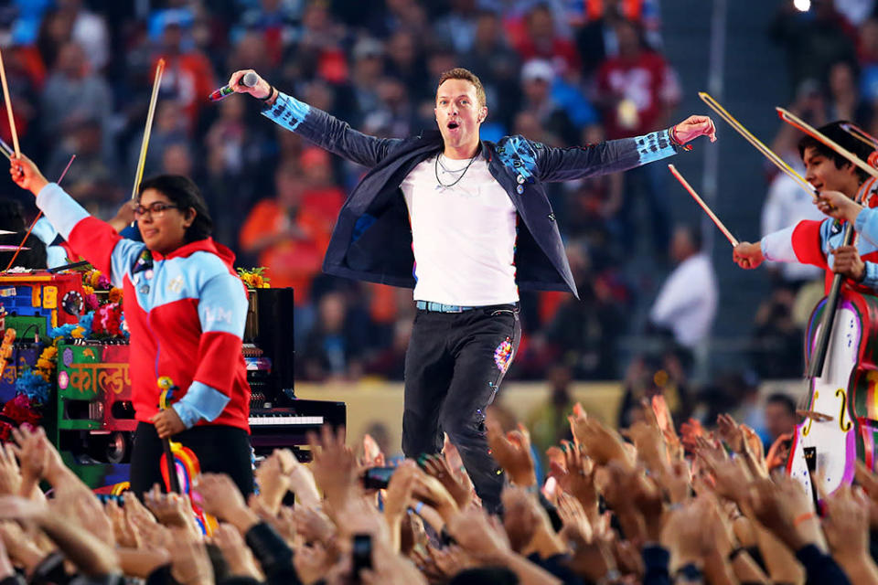 Chris Martin of Coldplay performs during the Pepsi Super Bowl 50 Halftime Show at Levi’s Stadium on February 7, 2016 in Santa Clara, California.  (Photo: Maddie Meyer/Getty Images)