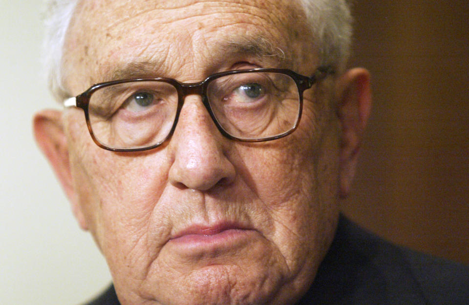 FILE - Former Secretary of State Henry Kissinger is seen during a meeting with President Vladimir Putin in the Novo-Ogaryovo residence outside Moscow, June 6, 2006. Kissinger, the diplomat with the thick glasses and gravelly voice who dominated foreign policy as the United States extricated itself from Vietnam and broke down barriers with China, died Wednesday, Nov. 29, 2023. He was 100. (AP Photo/Sergey Ponomarev, File)