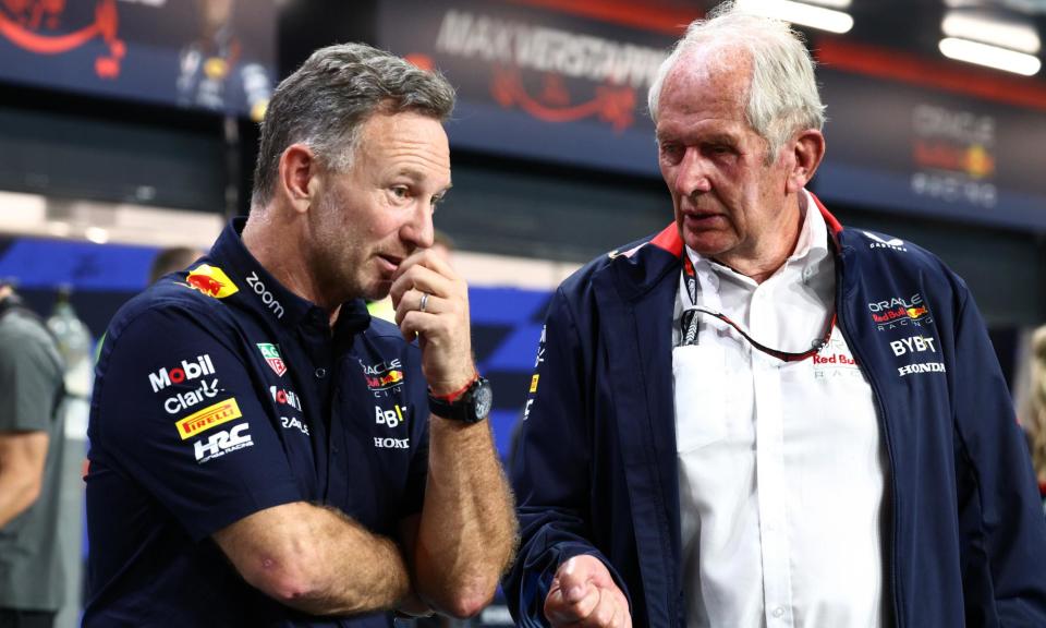 <span>Christian Horner and Helmut Marko at the last race, in <a class="link " href="https://sports.yahoo.com/soccer/teams/saudi-arabia/" data-i13n="sec:content-canvas;subsec:anchor_text;elm:context_link" data-ylk="slk:Saudi Arabia;sec:content-canvas;subsec:anchor_text;elm:context_link;itc:0">Saudi Arabia</a>. Attempts by Red Bull to draw a line under controversy have been in vain.</span><span>Photograph: Clive Rose/Getty Images</span>