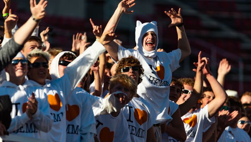 Fans cheer as Corner Canyon High plays Skyridge High for the 6A football state championship at Rice-Eccles Stadium in Salt Lake City on Friday, Nov. 17, 2023.