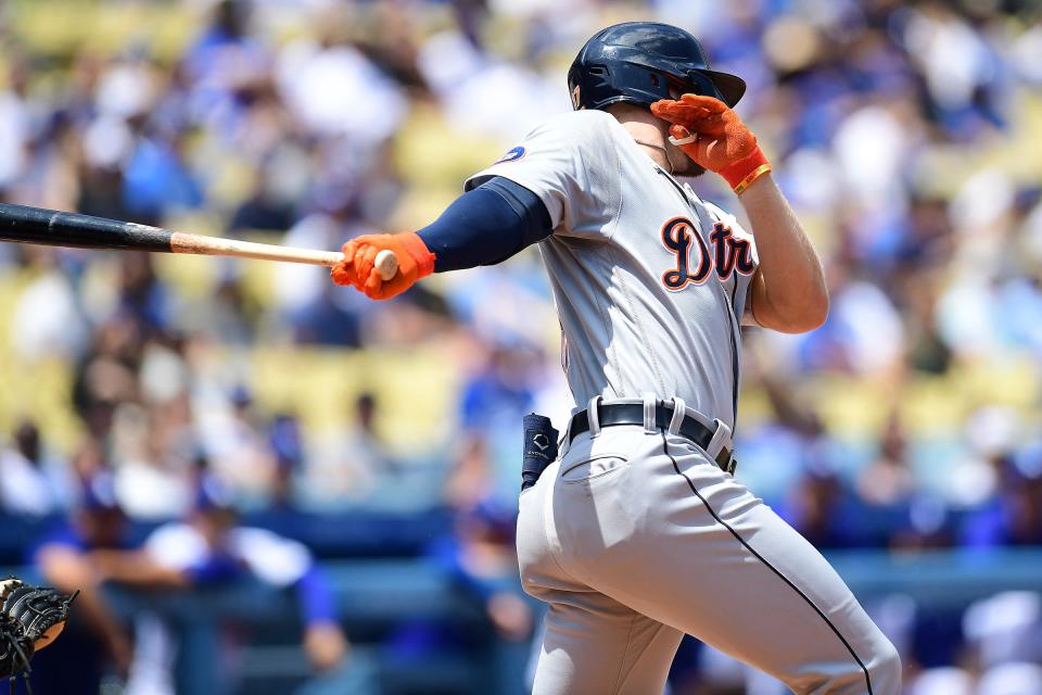 Detroit Tigers right fielder Austin Meadows hits a single against the Los Angeles Dodgers during the first inning at Dodger Stadium in Los Angeles on Sunday, May 1, 2022.