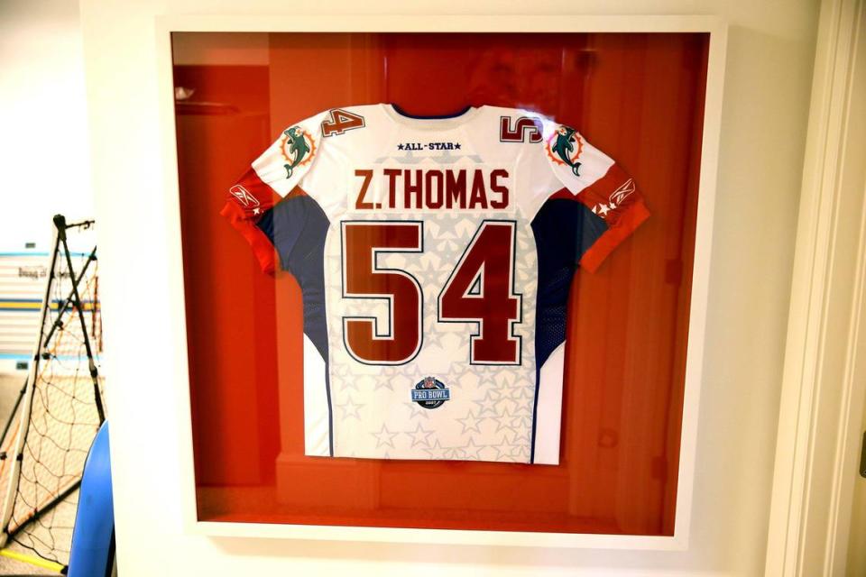 Former Miami Dolphins linebacker Zach Thomas All Star jersey, Hillsborough Beach, Florida, Tuesday, January, 21, 2020. Thomas will be considered to be inducted into the NFL Hall of Fame for 2020.