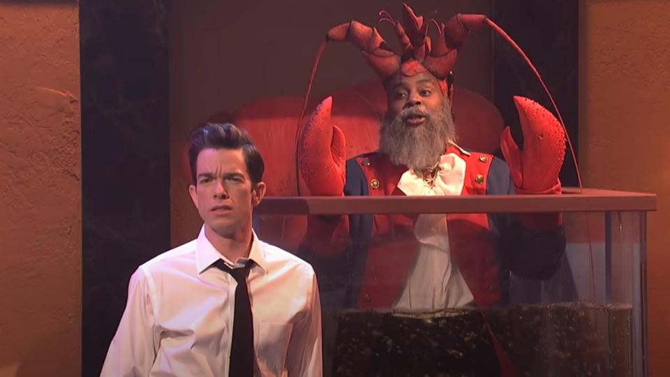 John Mulaney as a waiter and Kenan Thompson as a lobster singing.