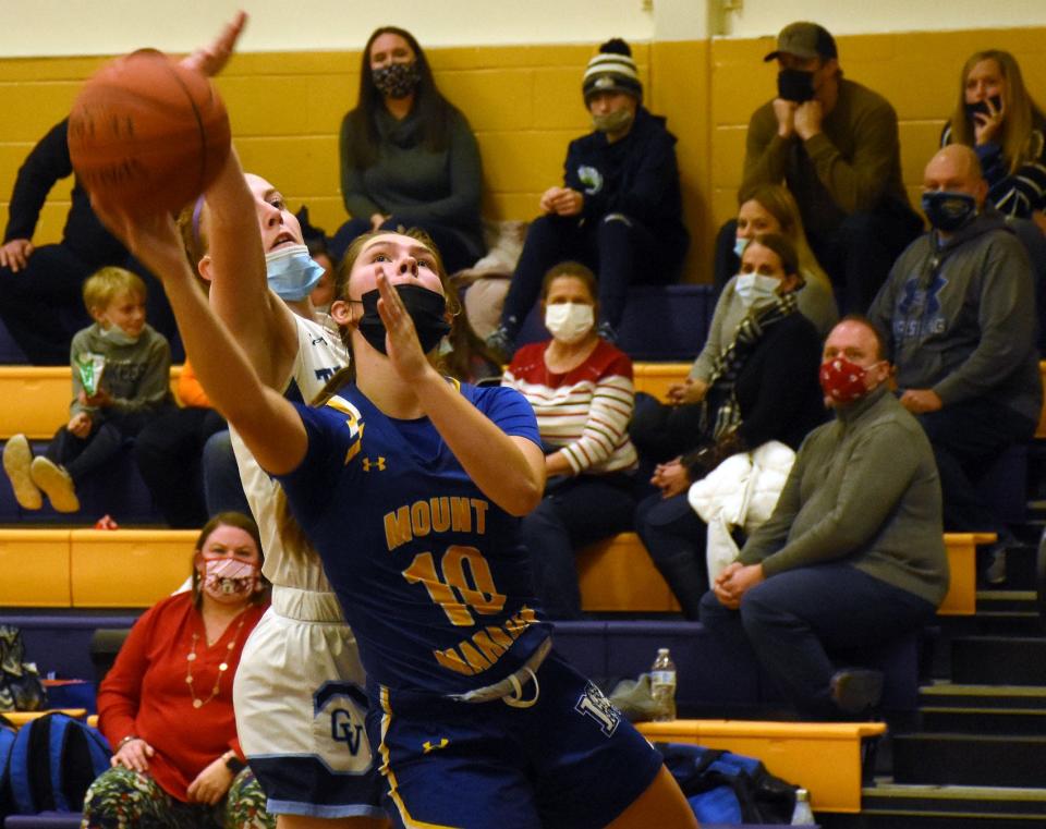 Mt. Markham Mustang Caroline Entwistle (10) attempts a shot during a game against Central Valley Academy at the Richfield Springs Holiday Tournament. Entwistle was the most valuable player at that tournament and has finished the season as a Class C all-state selection.
