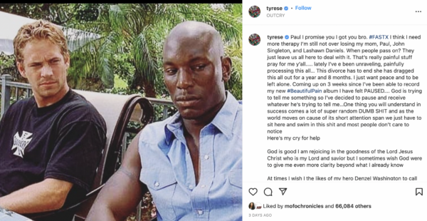 Tyrese (R) shares image with Paul Walker (L) from “2 Fast 2 Furious” film. Photo: @tyrese/ Instagram