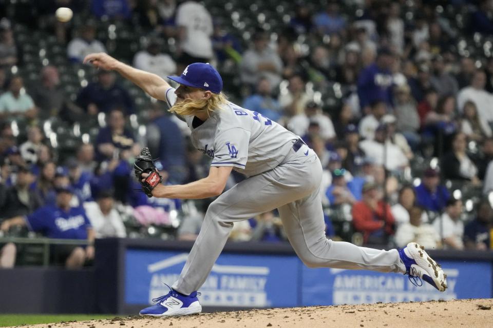 Los Angeles Dodgers' Phil Bickford throws during the third inning of a baseball game against the Milwaukee Brewers Tuesday, May 9, 2023, in Milwaukee. (AP Photo/Morry Gash)