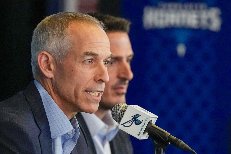 Rick Schnall, left, and Gabe Plotkin speak to the media during a news conference about the sale of the majority stake in the Charlotte Hornets NBA basketball team on Thursday, Aug. 3, 2023, in Charlotte, N.C. The sale of the majority stake of the Charlotte Hornets from six-time NBA champion Michael Jordan to Plotkin and Schnall has been finalized, the team announced Thursday. (AP Photo/Chris Carlson)