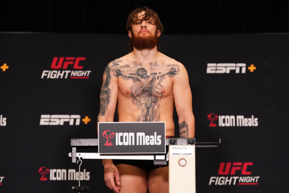 LAS VEGAS, NEVADA – FEBRUARY 09: Ihor Potieria of Ukraine poses on the scale during the UFC Fight Night weigh-in at the JW Marriott on February 09, 2024 in Las Vegas, Nevada. (Photo by Jeff Bottari/Zuffa LLC via Getty Images)