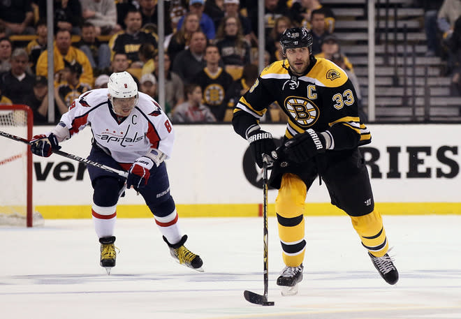 BOSTON, MA - APRIL 14: Zdeno Chara #33 of the Boston Bruins takes the puck as Alex Ovechkin #8 of the Washington Capitals defends in Game Two of the Eastern Conference Quarterfinals during the 2012 NHL Stanley Cup Playoffs at TD Garden on April 14, 2012 in Boston, Massachusetts. The Washington Capitals defeated the Boston Bruins 2-1 in double overtime. (Photo by Elsa/Getty Images)