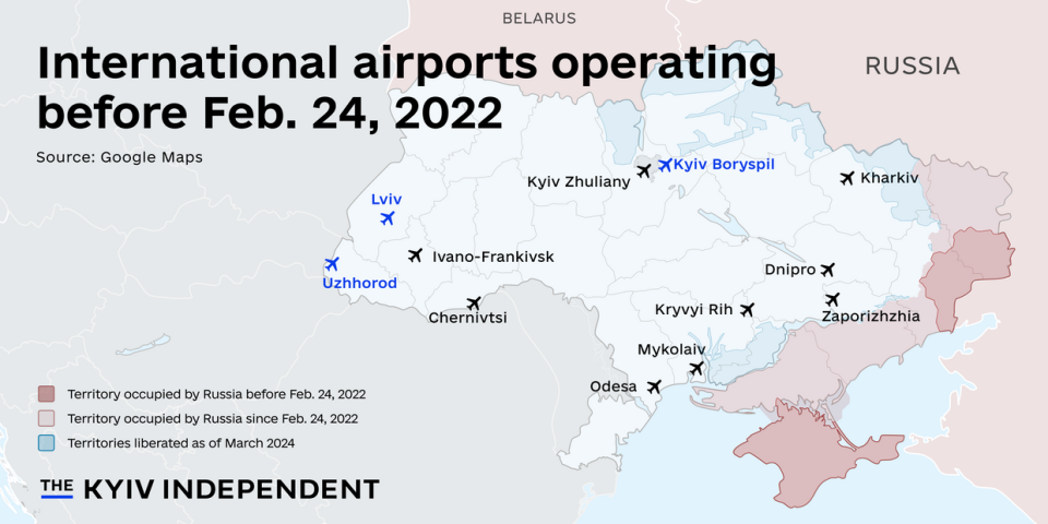 Ukraine's international airports with Boryspil, Lviv, and Uzhhorod highlighted in blue. (Lisa Kukharska/The Kyiv Independent)