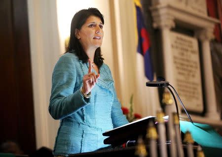 Governor Nikki Haley addresses a full church during a prayer vigil held at Morris Brown AME Church, South Carolina, June 18, 2015. REUTERS/Grace Beahm/Pool