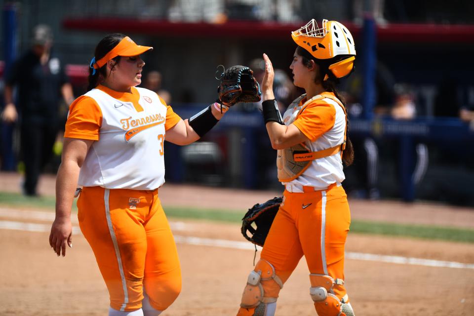 Pitcher Payton Gottshall and catcher Giulia Koutsoyanopulos for Tennessee softball vs South Carolina in SEC Tournament championship on May 13, 2023 in Fayetteville, Arkansas