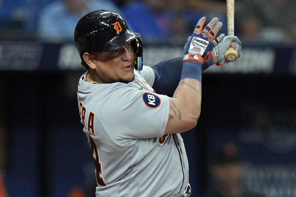 Detroit Tigers' Miguel Cabrera watches his single off Tampa Bay Rays starting pitcher Corey Kluber during the fourth inning of a baseball game Monday, May 16, 2022, in St. Petersburg, Fla. (AP Photo/Chris O'Meara)