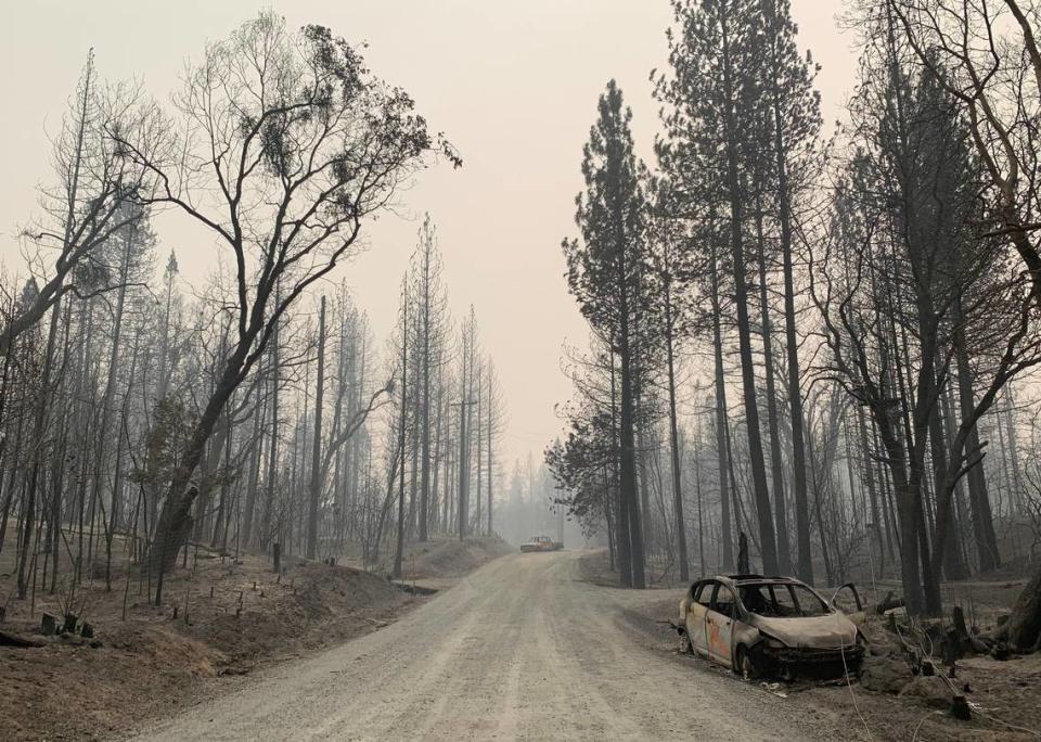 Two burned out vehicles sit on Graystone Lane in the aftermath of Bear Fire in Berry Creek on Thursday, Sept. 10, 2020.
