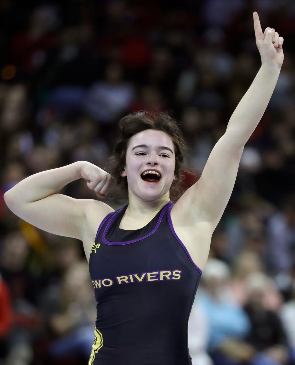 Two Rivers High School's Angie Bianchi reacts after defeating Wausau West High School's Savannah Danielson in a girls 114-pound championship match during the WIAA state individual wrestling tournament on Saturday, February 24, 2024 at the Kohl Center in Madison, Wis.