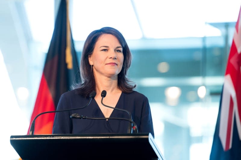 Annalena Baerbock German Federal Minister for Foreign Affairs, during a press statement at the Auckland Museum. Foreign Minister Baerbock's week-long trip to Australia, New Zealand and Fiji will focus on security policy and climate protection. Sina Schuldt/dpa