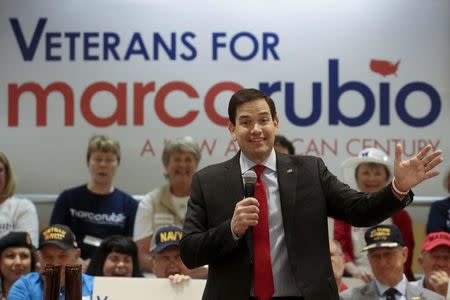 U.S. Senator and Republican presidential candidate Marco Rubio speaks at a campaign rally in The Villages, Florida, March 13, 2016. REUTERS/Carlo Allegri/File Photo