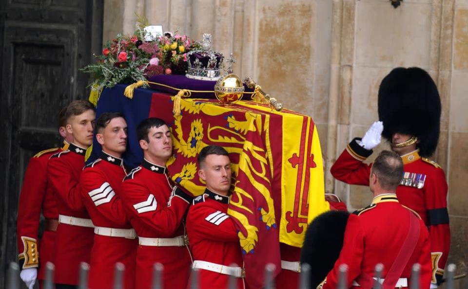 The Queen’s coffin leaves Westminster Abbey after the service (Andrew Milligan/PA) (PA Wire)