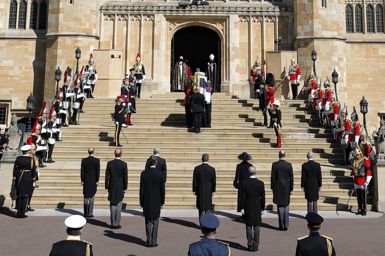 A minute of silence is observed at St George's Chapel for the funeral of Britain's Prince Philip inside Windsor Castle in Windsor, England, Saturday, April 17, 2021.