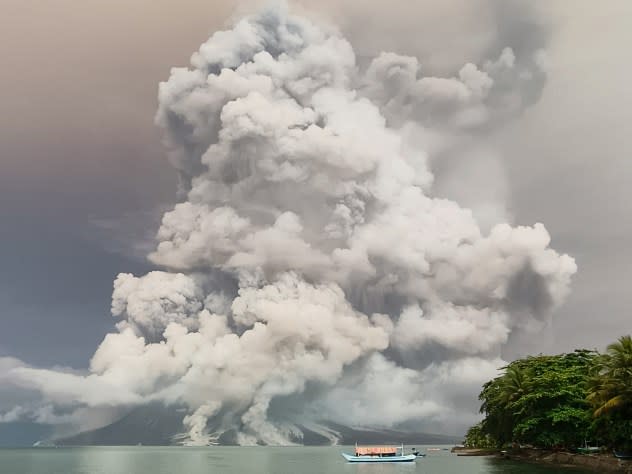 An eruption from Mount Ruang volcano is seen from Tagulandang island in Sitaro, North Sulawesi, on April 30, 2024. (STR/AFP via Getty Images)
