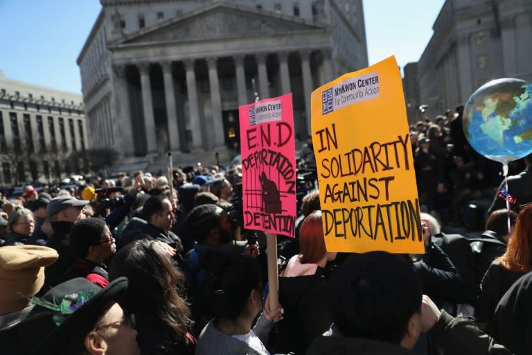 Protesters take part in a Solidarity Rally Against Deportation, at Foley Square near the Immigration and Customs Enforcement (ICE) office in New York, in March 2017