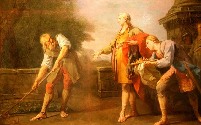 Pintura de Jean Restout, realizada en 1737, que representa el momento en el que ofrecen a Abdalónimo (quien se encuentra trabajando en su jardín) la corona de Sidón por encargo de Alejandro Magno (imagen vía <a href="https://www.flickr.com/photos/renaud-camus/9555021616" rel="nofollow noopener" target="_blank" data-ylk="slk:renaud-camus/Flickr;elm:context_link;itc:0;sec:content-canvas" class="link ">renaud-camus/Flickr</a>)