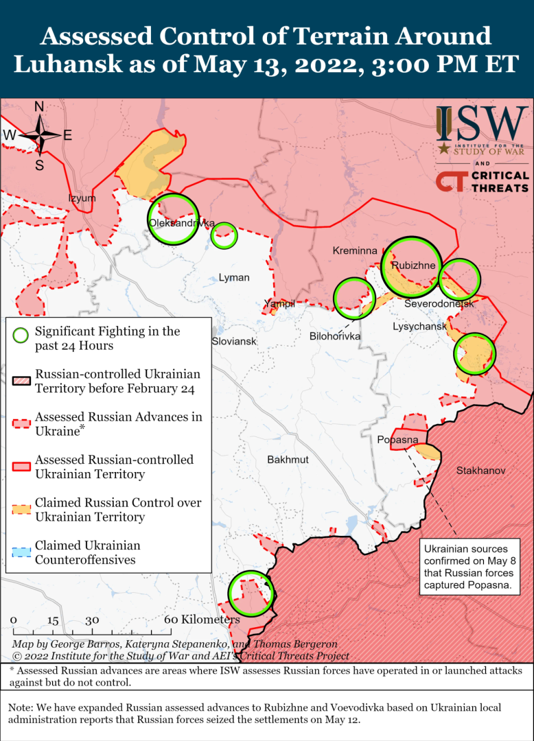 Deployment of forces as of May 13, 2022, one of the circles marks Bilohorivka <span class="copyright">www.understandingwar.org</span>