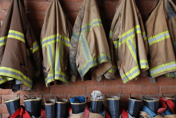 Firefighter gear lined up and ready for use.