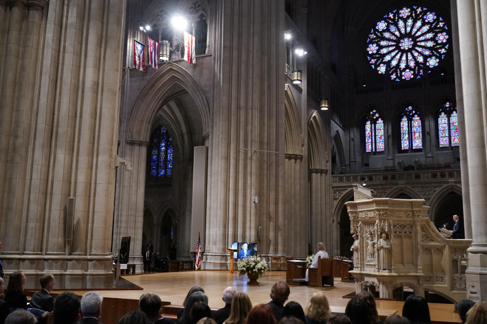 President Joe Biden speaks during a memorial service for former Secretary of Defense Ash Carter at the National Cathedral, Thursday, Jan. 12, 2023, in Washington. (AP Photo/Andrew Harnik)