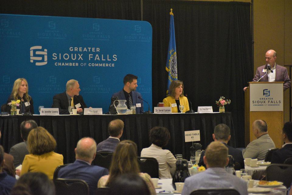 From left to right: Jennifer Lowery, superintendent of the Tea Area School District; Tim Graf, superintendent of the Harrisburg School District; Jarod Larson, superintendent of the Brandon Valley School District; Jane Stavem, superintendent of the Sioux Falls School District; and Vernon Brown, vice president of external affairs at South Dakota State University, speak during a Greater Sioux Falls Chamber of Commerce meeting on Thursday morning, April 13, 2023.