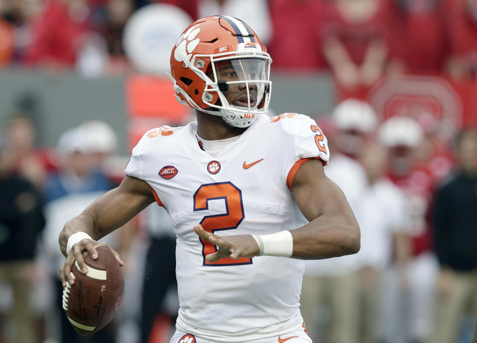 Clemson quarterback Kelly Bryant (2) looks to pass against North Carolina State during the first half of an NCAA college football game in Raleigh, N.C., Saturday, Nov. 4, 2017. (AP Photo/Gerry Broome)