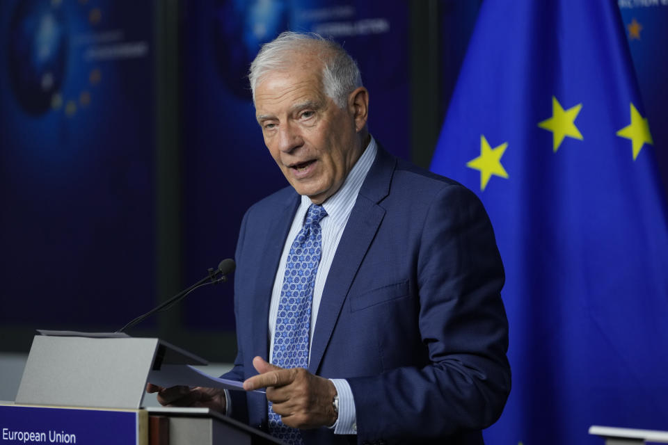 European Union foreign policy chief Josep Borrell speaks during a media conference after a meeting with Serbian President Aleksandar Vucic and Kosovo's Prime Minister Albin Kurti in Brussels on Thursday, Aug. 18, 2022. Wartime rivals Serbia and Kosovo are holding high-level crisis talks on Thursday which European Union mediators hope will de-escalate growing tensions in the Balkans, where Russia has tried to further increase its influence amid the war in Ukraine. (AP Photo/Virginia Mayo)