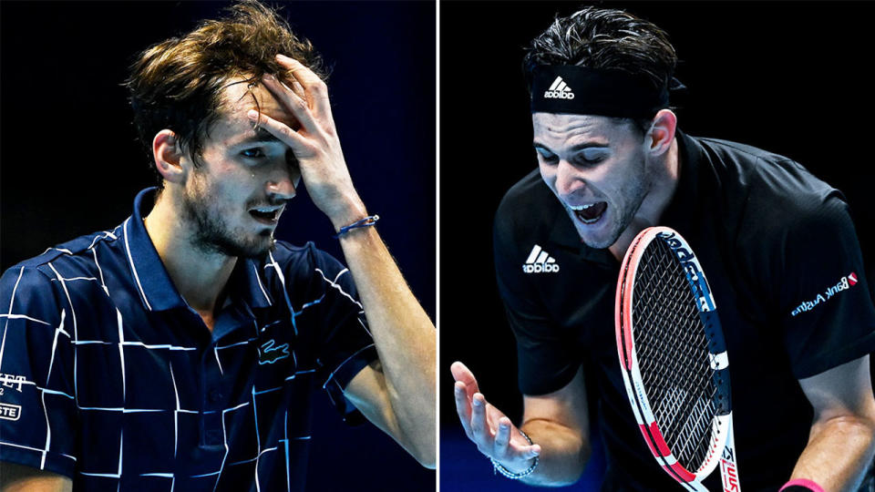 Russian Daniil Medvedev (pictured left) frustrated during his match and Dominic Thiem (pictured right) yelling in anger during the ATP Finals.