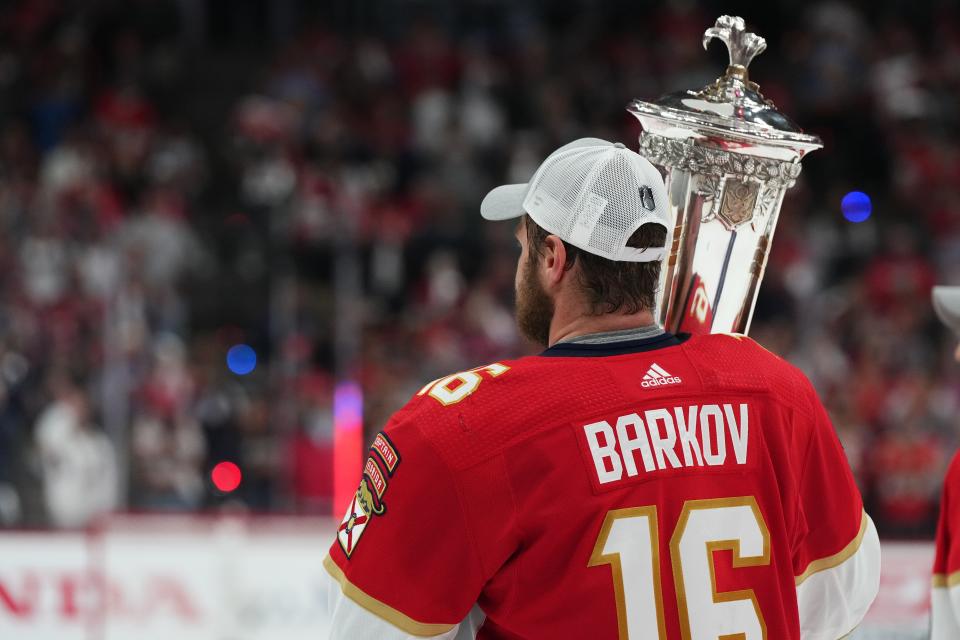 Florida Panthers center Aleksander Barkov (16) skates with the Prince of Wales trophy on May 24 after the Panthers beat the Carolina Hurricanes in Game 4 of the Eastern Conference Finals of the 2023 Stanley Cup Playoffs at FLA Live Arena in Sunrise.