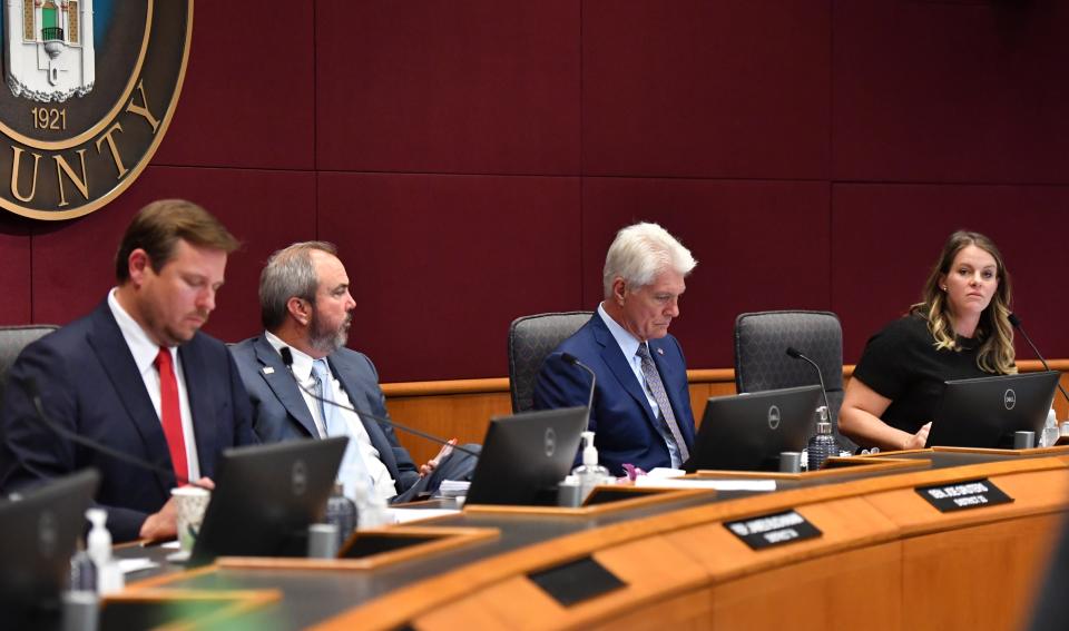 The Sarasota legislative delegation met Thursday, Jan. 12, 2023, at the Sarasota County Commission chambers, to listen to input from residents and local organizations.  From left are: Rep. James Buchanan, Sen. Joe Gruters, Rep. Michael Grant, and Rep. Fiona McFarland. 