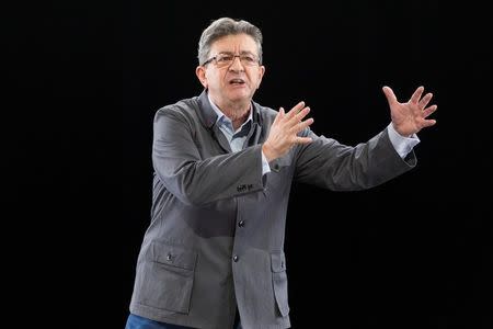 Politician Jean-Luc Melenchon, of the French far-left Parti de Gauche, and candidate for the 2017 French presidential election, delivers a speech during a campaign rally in Chassieu, near Lyon, France, February 5, 2017. REUTERS/Emmanuel Foudrot/File Photo