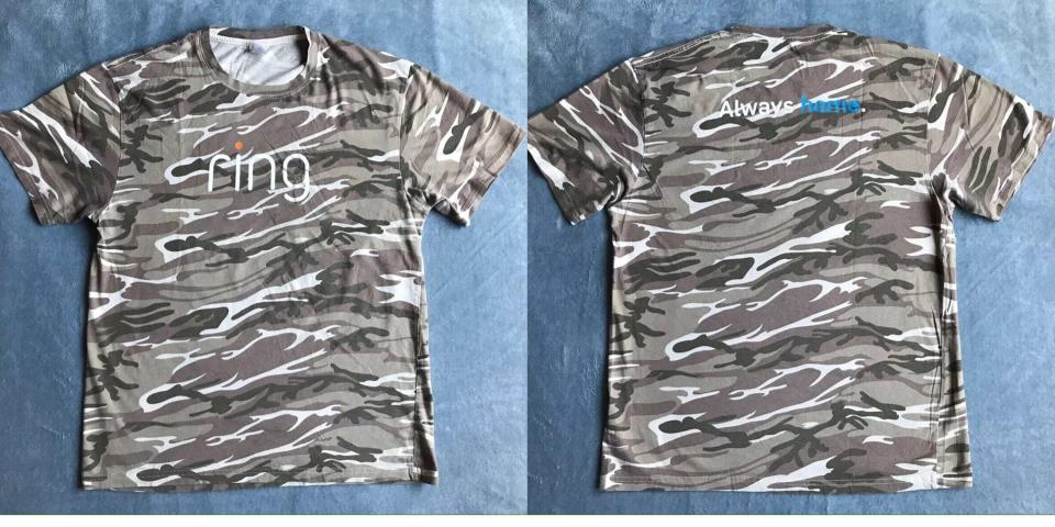 The front and back of a camouflage T-shirt that says "Ring"